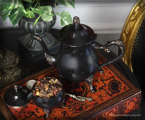 Black & Gold Victorian Gothic DIY Tea Set | Me and Annabel Lee Gothic Tea Set, Diy Tea Set, Gothic Alice In Wonderland, Victorian Tea Party, Dark Alice In Wonderland, Rub N Buff, Black Lampshade, Tea Diy, Fabulous Diy