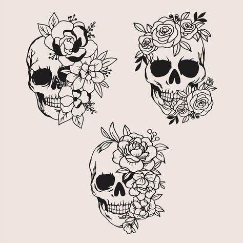 Vector skull with floral design | Premium Vector #Freepik #vector #skull-vector #tattoo-vector #skull-vectors #skull-graphics Skull With Floral Tattoo, Half Skull Half Flower Drawing, Small Skull Flower Tattoo, Skull With Flowers Tattoo Design, Small Skull Tattoo For Women, Little Skull Tattoo, Skull Tattoos Simple, Loklik Ideas, Small Skeleton Tattoo