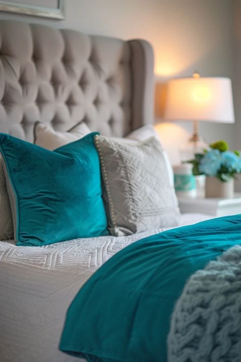 Explore beautiful grey and turquoise bedroom ideas designed for modern aesthetics. This pin features elegant tips with one enticing image to inspire your room makeover. Grey And Turquoise Bedroom, Teal Aesthetic Bedroom, Teal And White Bedroom Ideas, Gray And Turquoise Bedroom, Turquoise Bedroom Ideas, Teal And White Bedroom, Aqua Bedroom, Aqua Bedrooms, Turquoise Bedroom