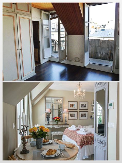 Renovating a Paris Apartment: Some of our Favorite Transformation Stories Paris Flat Parisian Apartment, Tiny Parisian Apartment, Parisian Studio Apartment, Paris Studio Apartment, Small Paris Apartment, Living Room Kitchen Combo, Paris Flat, Studio Apartment Living, Parisian Decor