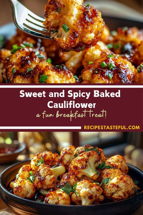 This **Sweet and Spicy Baked Cauliflower** strikes the perfect balance of heat and sweetness. Tender cauliflower florets are roasted until golden and crispy, then coated in a sticky, flavorful sauce made with honey, sriracha, soy sauce, and hoisin sauce. Topped with sesame seeds and fresh green onions, this dish makes a delicious side or a satisfying main course that's sure to impress at any meal! Sweet And Spicy Roasted Cauliflower, Honey Sriracha Cauliflower, Honey Siracha Cauliflower, Honey Roasted Cauliflower, Cauliflower Recipes Sauteed, Sweet Cauliflower Recipes, Roasted Cauliflower Florets Recipes, Honey Cauliflower Recipes, Fresh Cauliflower Recipes