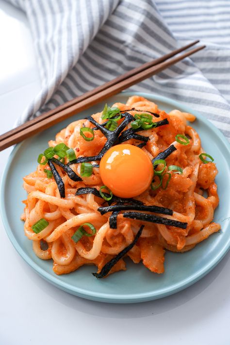 5 Ingredient Mentaiko Kimchi Udon - PURPLECHIVES Japanese Purple Sweet Potato, Kimchi Udon, Potato Buns, Sweet Potato Buns, Asian Side Dishes, Potato Filling, Purple Sweet Potato, Japanese Sweet Potato, Purple Sweet Potatoes