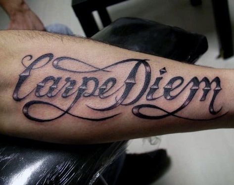 Carpe Diem Tattoo Men, Tattoo Carpe Diem, Outer Forearm Tattoo, Italian Tattoos, Meaningful Tattoo Quotes, Forarm Tattoos, Cool Forearm Tattoos, Cross Tattoo Designs, Incredible Tattoos