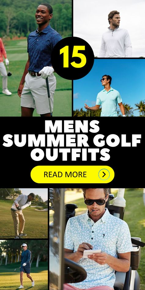 Embrace a classic yet casual vibe with men's golf outfits tailored for summer. Choose a stylish polo shirt in black or blue and pair it with comfortable golf shorts. Opt for versatile grey golf pants to create a polished look. Accessorize with a stylish belt and comfortable shoes for a complete outfit that will keep you looking cool and feeling confident as you tackle the golf course. Golf Shorts Outfit Men, Golf Attire For Men, Light Sweater Outfit, Men’s Golf Attire, Golf Outfit Men, Golf Style Men, Stylish Men Summer, Mens Golf Fashion, Mens Navy Shorts