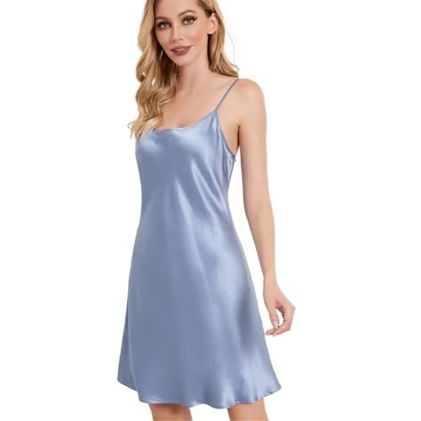 THXSILK Women's Sexy Silk Nightgown, 100% Mulberry Silk Sleepwear Round/V Neck Spaghetti Strap Chemise Short Slip Dress Soft Blue Dress, Round V Neck, Silk Nightdress, Night Slip, Short Slip Dress, Silk Pajamas Women, Silk Chemise, Mulberry Silk Fabric, Silk Nightgown