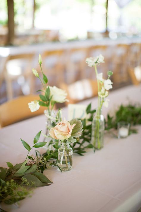 Greenery Garland And Bud Vases, Long Tables With Bud Vases, Bud Vase And Greenery Wedding Table, Eucalyptus Runner With Bud Vases, Greenery And Bud Vase Centerpiece, Greenery Bud Vases Wedding, Greenery With Bud Vases, Bud Vase Tablescape Long Table, Bud Vases And Greenery