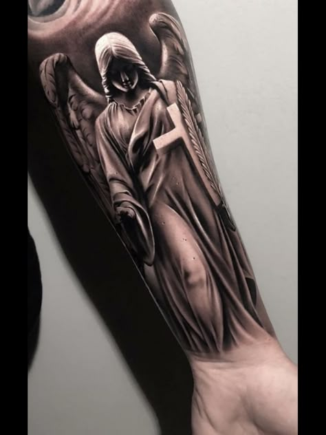 Tattoo Sleeve Ideas For Men, Sleeve Ideas For Men, Religous Tattoo, Religious Tattoo Sleeves, Angel Sleeve Tattoo, Christus Tattoo, Guardian Angel Tattoo Designs, Angle Tattoo, Men Drawing