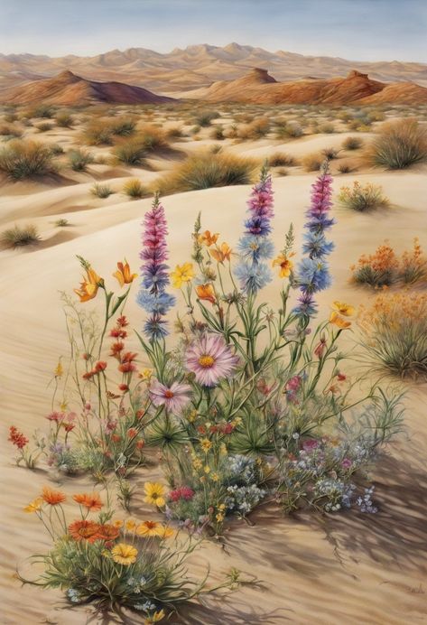 Desert Wildflower Mirage Check more: https://paintlyx.com/desert-wildflower-mirage/ Desert Wildflowers, Desert Mirage, Art Ideas, Wild Flowers, Quick Saves, Art