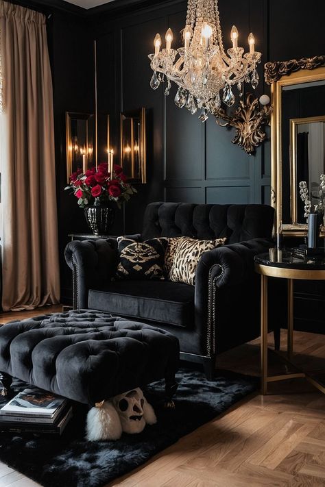 Black White Gold House, Goth Living Room Ideas, Gothic Living Room Ideas, Moody Living Room Ideas, Goth Living Room, Gothic Living Room, Gothic Interior Design, She Shed Decor, Modern Luxury Living Room