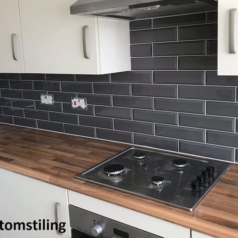 Dark Kitchen Tiles, Alfresco Tiles, Grey Kitchen Wall Tiles, Grey Subway Tile Kitchen, Metro Tiles Kitchen, Metro Kitchen, White Kitchen Wall Tiles, White Kitchen Wall, Grey And White Kitchen