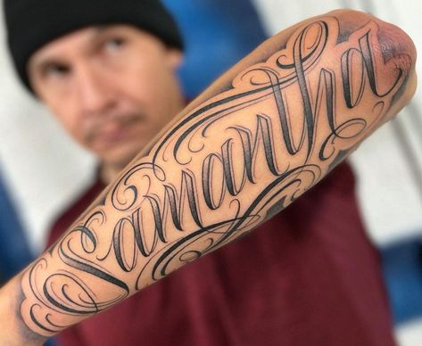 Greek Letter Tattoo, Name Tattoos For Men Forearm, Last Name Tattoos For Men, Tattoo Nombres, Lettering Malandro, Last Name Tattoos, Typographic Tattoo, Arm Tattoos Lettering, Letter S Tattoo