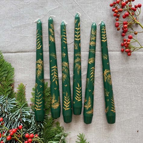 Colored Taper Candles, Brooklyn Candle Studio, Gifts Under 25, Hand Painted Candles, Candle Studio, Fern Leaves, Pine Branches, Painted Candles, Candle Craft