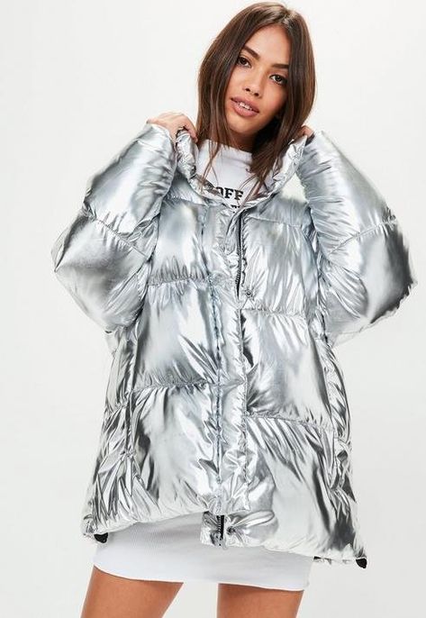 Missguided Silver Metallic Puffer Jacket Silver Outfit Ideas, Cute Belts, Silver Suit, Silver Puffer Jacket, Silver Outfit, Best Winter Jackets, Silver Outfits, Puffer Jacket Outfit, Womens Outerwear