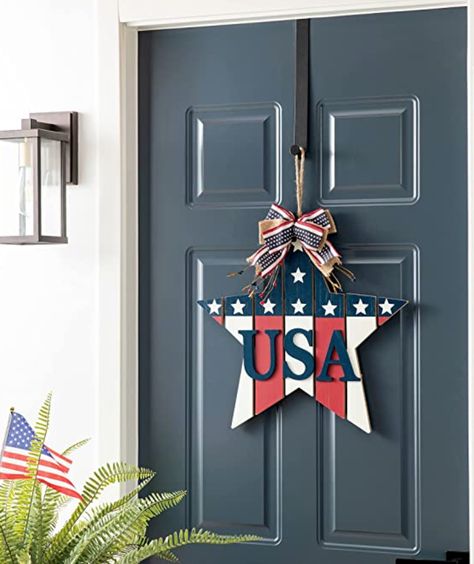 glitzhome 19.25" L Wooden American Star Door Hanger Decor,Wooden Patriotic Stars USA Letters Welcome Sign Patriotic/Independence Day Wall Hanging Decor Memorial Day 4th of July Hanging Door Sign Star Door Hanger, Décoration Table Halloween, July 4th Holiday, Twine Bow, Porch Pumpkins, Hanger Decor, Halloween Table Decorations, Wooden Pumpkins, Patriotic Stars