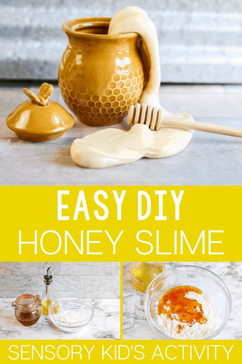 Make your own honey slime with this recipe using natural ingredients! Honey Slime | Natural SLime Recipe | Honey Sensory Activity | Sensory Slime Recipe | DIY Slime Recipe | Life Over C's #honeyslime #slimerecipe #slime #naturalslime #honey #sensory #sensoryactivity #lifeovercs Bees Sensory Activities, Bumble Bee Eyfs Activities, Honey Activity For Preschool, Outdoor Bee Activities For Preschool, Honey Comb Craft Preschool, Bee Day Activities For Toddlers, Honey Sensory Bin, Honeybee Preschool Activities, How To Save The Bees