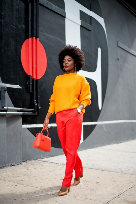 HAPPY MONDAY: ORANGE YOU GLAD? #streetstyle Red And Orange Outfit, Yellow Chunky Sweater, Color Blocking Outfits, Orange Outfit, Orange You Glad, Yellow Outfit, Red And Orange, Black Women Fashion, Red Outfit