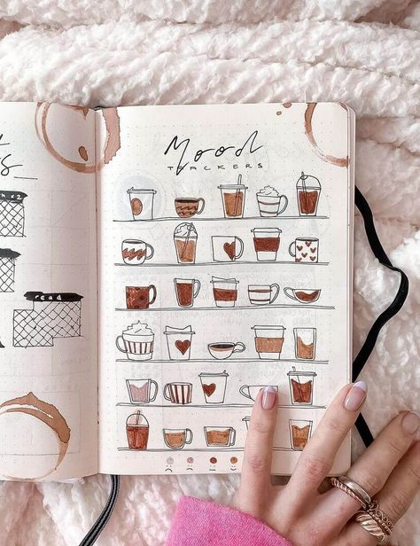 Mood tracker with coffee mugs Tracker Journal Ideas, Agenda Cover Design, Cover Design Aesthetic, Bujo Trackers, Mood Tracker Ideas, Bullet Journal Mood Tracker, Bullet Journal September, Bullet Journal Lists, Tracker Bullet Journal