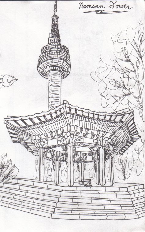 Seoul Drawing City, Namsan Tower Drawing, Korean Architecture Drawing, Seoul Tower Drawing, Korea Art Draw, Seoul Drawing, Seoul Painting, Korea Sketch, Korea Drawing