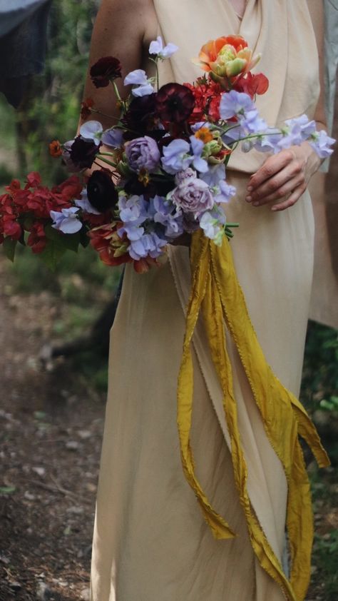 Raw silk dyed with natural substances from the earth by Seda Medicina of Austin, TX | Floral by Color Theory Collective | Lavender, Ochre, Coral, Plum, Dusty Blue, Beige | Sweet peas, double tulips, ranunculus, bougainvillea  | Austin, TX | Weddings, Bouquet, Bridal Bouquet, Colorful Bouquet Bridal Bouquet Colorful, Double Tulips, Bouquet Colorful, Ranunculus Bouquet, Bouquet Bridal, Colorful Bouquet, Bouquet Design, Sweet Peas, Wedding Mood Board