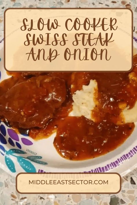 Crockpot Swiss steak is one of those rich, hearty, meaty dinner recipes that has stood the test of time!Tender beef steaks are cooked in a rich tomato brown gravy with veggies. This recipe is perfect over mashed potatoes or egg noodles! Swissed’ means to roll or pound the meat, tenderizing it so it cooks up Swiss Steaks, Crockpot Swiss Steak, Slow Cooker Swiss Steak, Swiss Steak Crockpot, Swiss Steak Recipes, Beef Entrees, Crockpot Steak, Steak And Onions, Beef Steaks