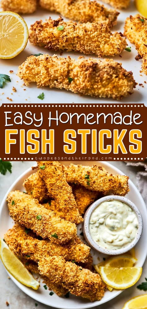 Out of party food ideas? These Homemade Fish Sticks are healthy, easy to make, and taste much better than store-bought! This baked fish sticks recipe makes a delicious yet easy appetizer recipe! How To Make Fish Sticks, Salmon Sticks Recipes, Air Fryer Fish Sticks Homemade, Fish Stick Recipes Dinners, Baked Fish Sticks, Easy Fish Appetizers, Canned Tuna Fish Sticks, Healthy Fish Sticks Recipes, Diy Fish Sticks