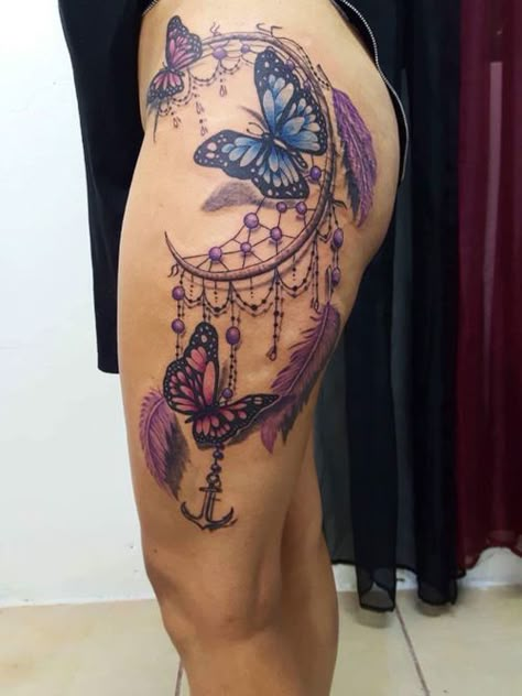 Tattoo Ideas Dream Catcher Unique, Dream Catcher Tattoo With Flowers, Dream Catcher Thigh Tattoo Women, Hip Tattoo Men, Dreamcatcher Tattoo Thigh, Womens Tattoos, Karina Garcia, Tats Ideas, Phoenix Tattoo Feminine