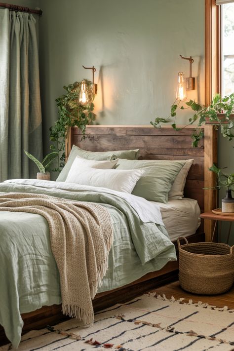 Cozy bedroom with green walls, wooden bed, plants, and warm lighting. Bedroom With Sage Green Accents, Green Rustic Bedroom, Sage Green Bedroom Decor, Kitchen Flooring Trends, Kitchen Tile Inspiration, Ensuite Bathroom Designs, Industrial Chic Kitchen, Rustic Industrial Kitchen, Modern Bedroom Colors