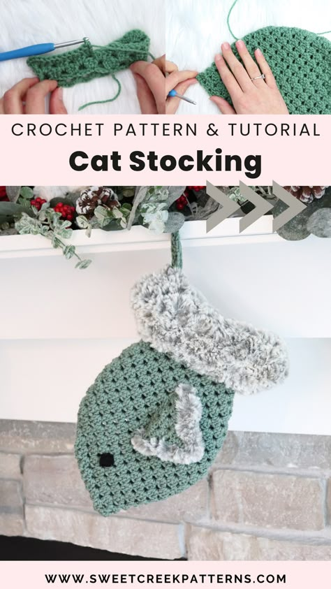 Introducing the Cat Granny Stitch Stocking Crochet Pattern! This cat crochet stocking is perfect for the little pawed friends in your family, and works up quick and easy. With its easy top-down construction, beginner-friendly granny stitch, and luxurious faux fur on the top of the stocking, you’ll enjoy crocheting the perfect cat Christmas stocking for your favorite pawed friends! Finished size= 12” H x 6” W across the middle Stocking Crochet Pattern Free Easy, Free Stocking Crochet Pattern, Free Christmas Stocking Crochet Patterns, Stocking Crochet Pattern Free, Crochet Stockings Christmas Free Pattern, Christmas Cat Crochet Pattern Free, Stocking Crochet Pattern, Crochet Stocking Stuffers, Crochet Christmas Stocking Pattern Free