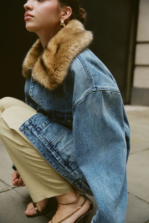 Denim Long Jacket With Fur Collar by MICHAEL KORS | Rent the Runway Fur Collar Outfit, Denim Long Jacket, Jacket With Fur Collar, Denim Jacket With Fur, Jacket With Fur, Travel Must Haves, 60 Fashion, Rent The Runway, Long Jacket