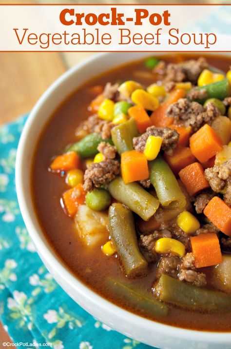 Crock-Pot Vegetable Beef Soup - Frozen vegetables, potatoes and ground beef are cooked with vegetable juice for a healthy and easy recipe for Crock-Pot Vegetable Beef Soup! So easy! [Gluten Free, High Fiber, Low Calorie, Low Fat, Low Sugar & Weight Watchers Friendly!] #CrockPotLadies #CrockPot #SlowCooker #Soups #WeightWatchers Potatoes And Ground Beef, Vegetable Soup Crock Pot, Crock Pot Vegetables, Beef Soup Recipes, Soup With Ground Beef, Crock Pot Recipes, Vegetable Beef Soup, Crockpot Recipes Beef, Soup Crocks