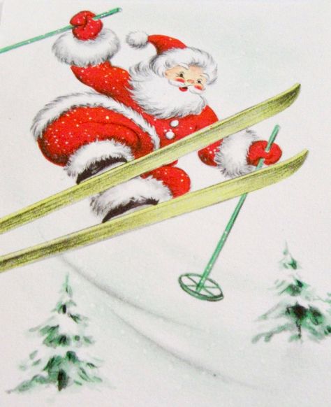 Santa Skiing Illustration, Santa Skiing, Winter Challenge, Mens Beards, Art For Christmas, Rose Paper, Retro Ski, Saint Nick, Vintage Christmas Card