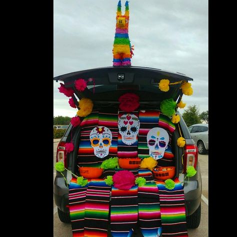 Day of the dead trunk or treat. #Halloween Fiesta Trunk Or Treat Ideas, Fiesta Trunk Or Treat, Dia De Los Muertos Trunk Or Treat Ideas, Day Of The Dead Trunk Or Treat, Dia De Los Muertos Trunk Or Treat, Coco Decorations, Halloween Coffin Decoration, Trunk Or Treat Halloween, Stuco Ideas