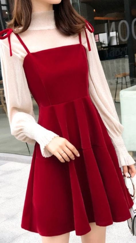 ♡ YESSTYLE Christmas Outfits Aesthetic Dresses, Korean Style Christmas Outfit, Cute Christmas Dresses, Red And White Christmas Outfit, Red Outfits Korean Style, Red And White Outfit Aesthetic, Korean Red Outfit, Red Dress Kpop Outfit, Red Cute Outfits Korean