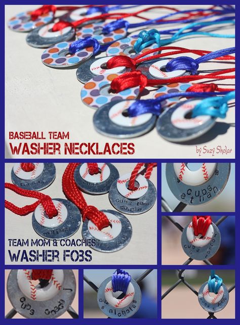 Baseball Necklace Diy, Necklaces For Boys, Washer Necklace Diy, Sport Themed Crafts, Washer Crafts, Washer Necklaces, Baseball Diy, Fundraising Crafts, Baseball Jewelry