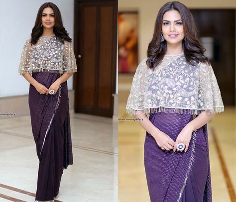 Esha Gupta Makes a Fashion Moment With This Cape Blouse • Keep Me Stylish Saree With Cape Blouse, Saree With Cape Jackets, Saree Cape, Saree With Cape, Blouse With Cape, Saree Jacket Designs, Modern Blouse, Esha Gupta, Cape Blouse