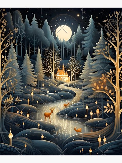 "enchanting christmas forest print" Mounted Print for Sale by dcrc Whimsical Woodland Art, Christmas Forest Illustration, Whimsical Mural, Doodle Art Style, Winter Forest Art, Murals Ideas, Art Deco Artwork, Graphic Design Cards, Storybook Art