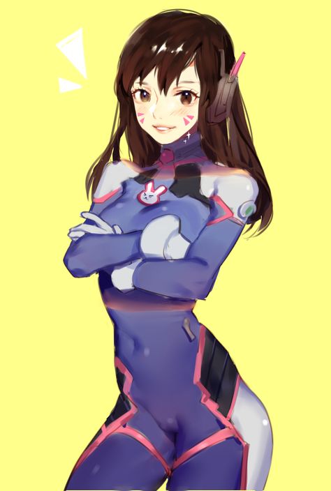 1girl bodysuit brown_eyes brown_hair contrapposto cowboy_shot crossed_arms d.va_(overwatch) headset highres long_hair looking_at_viewer overwatch smile solo tian_(my_dear) Mercy Genji, D Va Overwatch, Dva Overwatch, Overwatch Fanart, Crossed Arms, Sci Fi Girl, D.va Overwatch, Brown Eyes Brown Hair, Overwatch Tracer