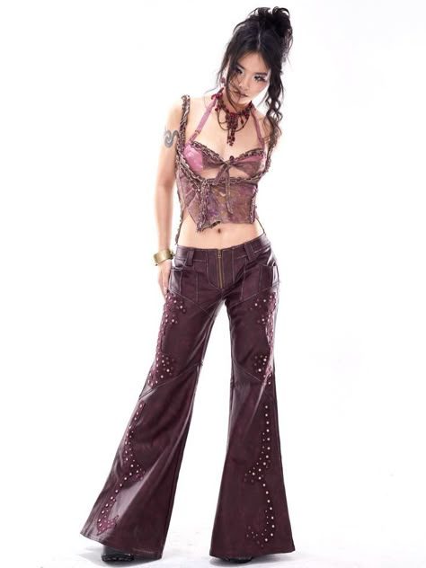 Open Aesthetic, Dark Red Fabric, Poses References, Faux Leather Pants, Denim Flares, Strap Tops, 2000s Fashion, Red Fabric, Bra Tops