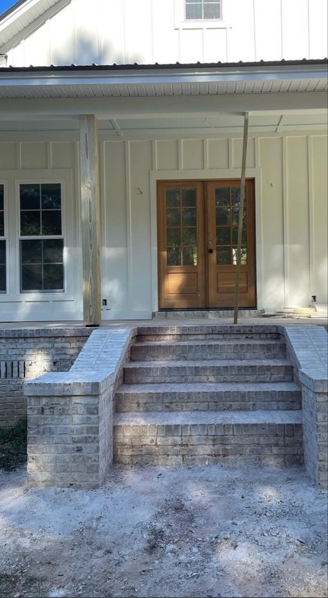 Steps For Porch Entrance, Steps To Front Porch, Wood Porch With Brick Steps, Brick Steps Front Porch Entrance, Brick Steps Front Porch, Brick Front Steps, High Back Door Steps To Patio, Stone Entrance Steps, Front Door Step