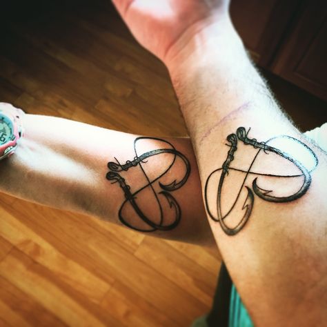 Matching tattoo sharing our love with a little ink. Fishing hooks heart Fishing Hook Tattoo Couples, Couple Tattoos Fishing, Fishing Tattoos For Couples, Fishing Hook Heart Tattoo, Fishing Matching Tattoos, Fishing Couple Tattoos, Couples Fishing Tattoos, Fishing Hook Tattoo, Hook Tattoos