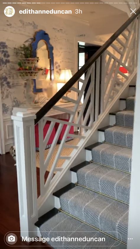 Chippendale railing  Stark outdoor rug Modern Colonial Stair Railing, Chippendale Stair Railing, Chippendale Front Porch Railing, White Craftsman Staircase, White Newel Post Iron Balusters, Chippendale Railing, Exterior Staircase, Stairway Railing, Banister Remodel