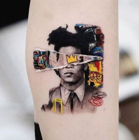 Basquiat Portrait Tattoo|#tattoo #handtattoo #tattoos #tattooartist 955 Basquiat Portrait, Basquiat Tattoo, Tattoo Artist Quotes, Basquiat Skull, Collage Tattoo, Pin Up Tattoos, Tattoo Portfolio, Tattoo Magazines, Different Tattoos