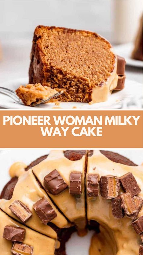 Pioneer Woman Milky Way Cake recipe is made with Milky Way candy bars, butter, sugar, eggs, flour, salt, baking soda, buttermilk, vanilla extract, white chocolate chips, and heavy whipping cream. It takes 90 minutes to make and serves 12 people. Milky Way Cake Recipe, Pioneer Woman Desserts, Milky Way Candy, Milky Way Cake, Pioneer Kitchen, Candy Bar Recipe, Mini Bundt, Sugar Eggs, Whipping Cream