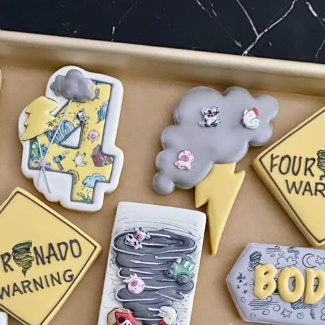 Fournado Cookies, Twonado Birthday Cookies, Weather Cookies Decorated, Three Nado Birthday, Twonado Cookies, Tornado Cookies Decorated, Tornado Balloons, Storm Chaser Birthday Party, Tornado Themed Party