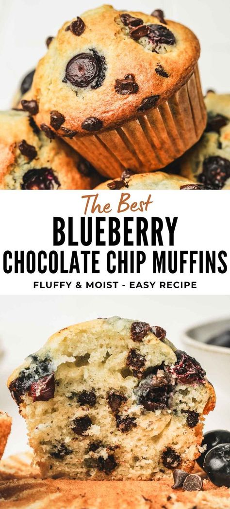 This easy recipe will have you enjoying bakery-style blueberry chocolate chip muffins in no time. These soft, fluffy, and moist muffins are bursting with whole juicy blueberries, making them the perfect breakfast or snack option. Indulge in the delightful combination of blueberries and chocolate chips, just like the ones you find at your favorite bakery. Chocolate Blueberry Muffins, Blueberry Chocolate Chip Muffins, Blueberry Crumble Muffins, Chocolate Chip Muffins Easy, Triple Chocolate Muffins, Dessert Muffins, Choc Chip Muffins, Simple Dessert Recipes, Chocolate Muffin Recipe