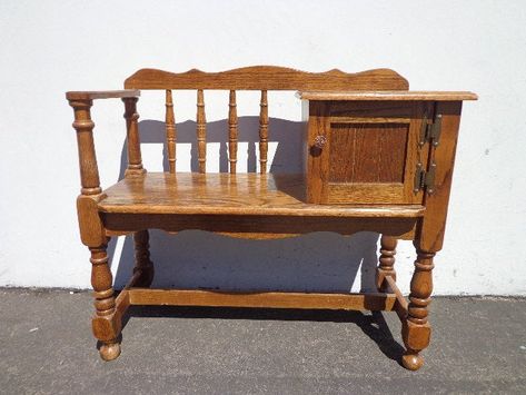 Fabulous Traditional Oak / French Provincial Gossip Bench Chair Seat Chaise.Unique antique vintage piece that is both versatile and functional.Could be used in an entry way , as a media console , in an office setting, bedroom, photo shoot, anywhere.Provides seating and storage options and perfect f Bedroom Photo Shoot, Gossip Benches, Entry Chair, Vintage Telephone Table, Gossip Bench, Bench Chair, French Country Furniture, Telephone Table, Storage Wood