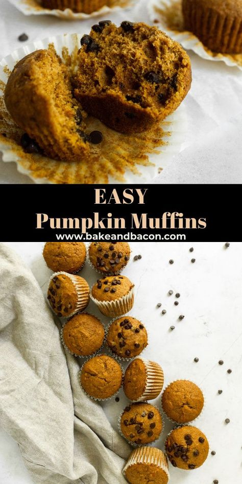 These super soft Pumpkin Muffins are melt in your mouth delicious and full of pumpkin spice and cinnamon. They take no time to make and are the perfect way to start (or end) your day! Bake Bacon, Puree Pumpkin, Mini Pumpkin Muffins, Sweet Muffins, Pumpkin Muffins Easy, Pumpkin Chocolate Chip Muffins, Breakfast Recipes Sweet, Sweet Muffin, Healthy Muffin Recipes