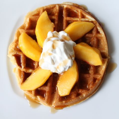 Peaches and Cream Waffles Peach Waffles, Dessert Peaches, Good Morning Breakfast, Waffle Toppings, Peaches And Cream, Homemade Whipped Cream, A Match Made In Heaven, Peaches N Cream, Waffle Iron