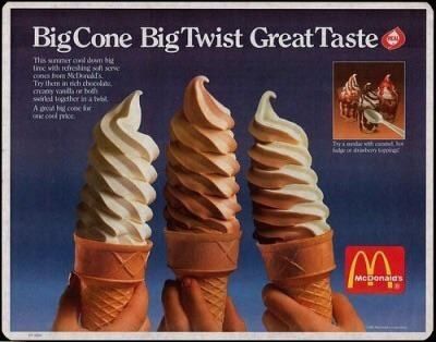 Remember when they used to serve CHOCOLATE and TWIST cones, instead of just vanilla? McDonald's In The '80s And '90s Was The Best, And These Photos Prove It Burger Mcdonald, Mcdonalds Food, Mcdonalds Ice Cream, Soft Serve Cone, Mcdonalds Birthday Party, Mcdonalds Gift Card, Food Burger, Mc Donald, Big Twist