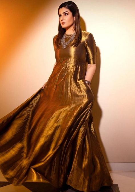 Gold Anarkali, Kgf 2, Raveena Tandon, Saree Wearing Styles, Raw Mango, Anarkali Dress Pattern, Long Dress Design, Indian Dresses Traditional, Designer Saree Blouse Patterns